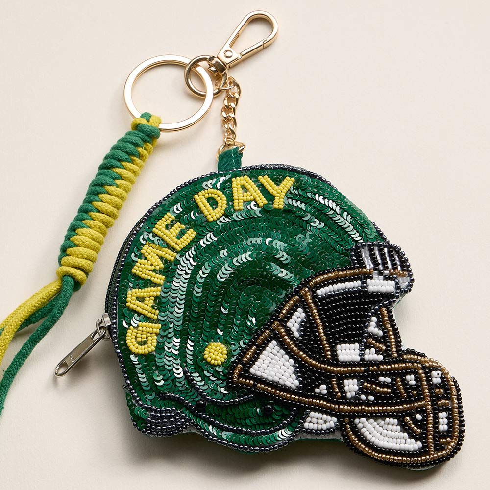 Madeline Love Green, Yellow OREGON GAME DAY Football Helmet Sequin Seed Beaded Knot Keychain Mini Pouch Bag - Bags & Wallets - desc