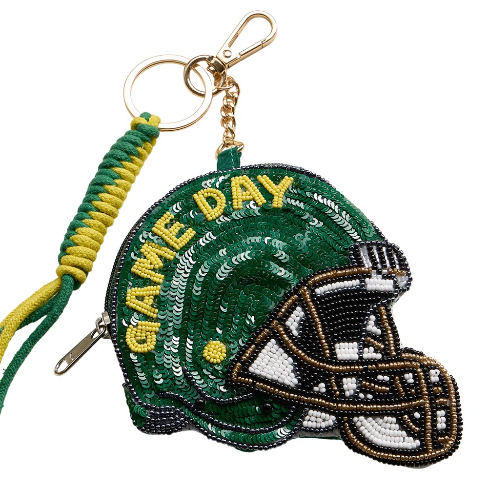 Madeline Love Green, Yellow OREGON GAME DAY Football Helmet Sequin Seed Beaded Knot Keychain Mini Pouch Bag - Bags & Wallets - extra