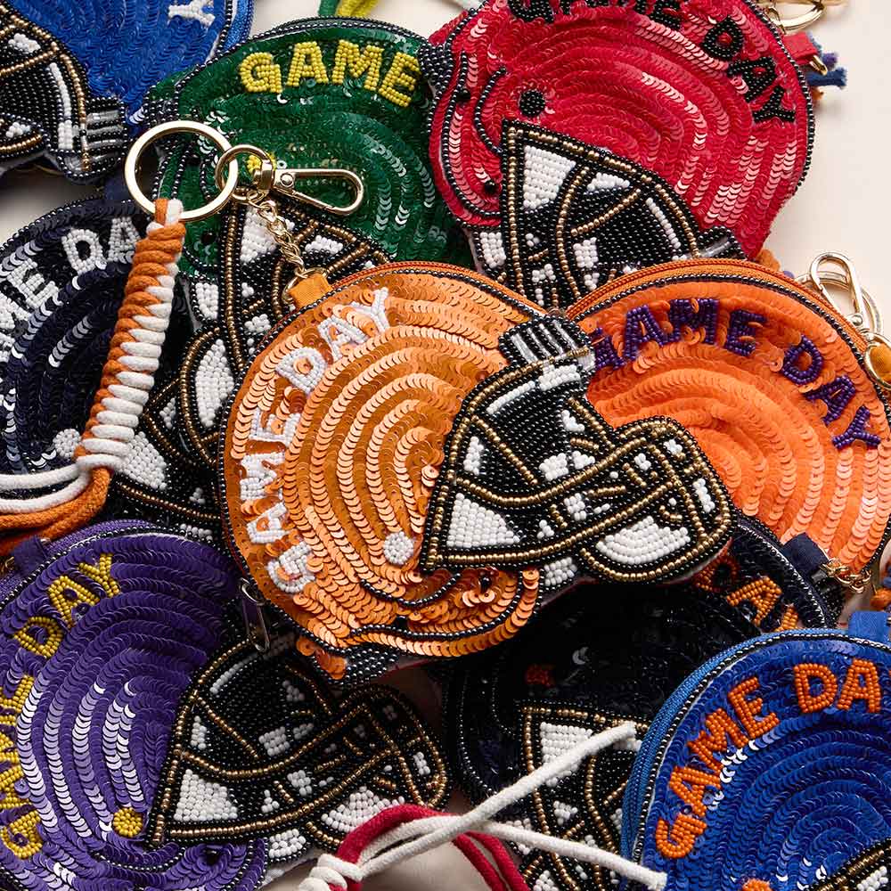 Madeline Love Green, Yellow OREGON GAME DAY Football Helmet Sequin Seed Beaded Knot Keychain Mini Pouch Bag - Bags & Wallets - extra