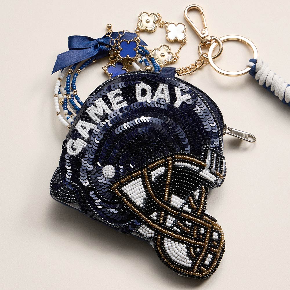 Madeline Love Navy, White PENN STATE GAME DAY Football Helmet Sequin Seed Beaded Knot Keychain Mini Pouch Bag - Bags & Wallets
