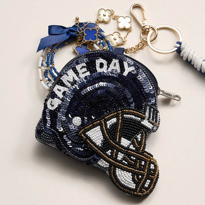 Madeline Love Navy, White PENN STATE GAME DAY Football Helmet Sequin Seed Beaded Knot Keychain Mini Pouch Bag - Bags & Wallets