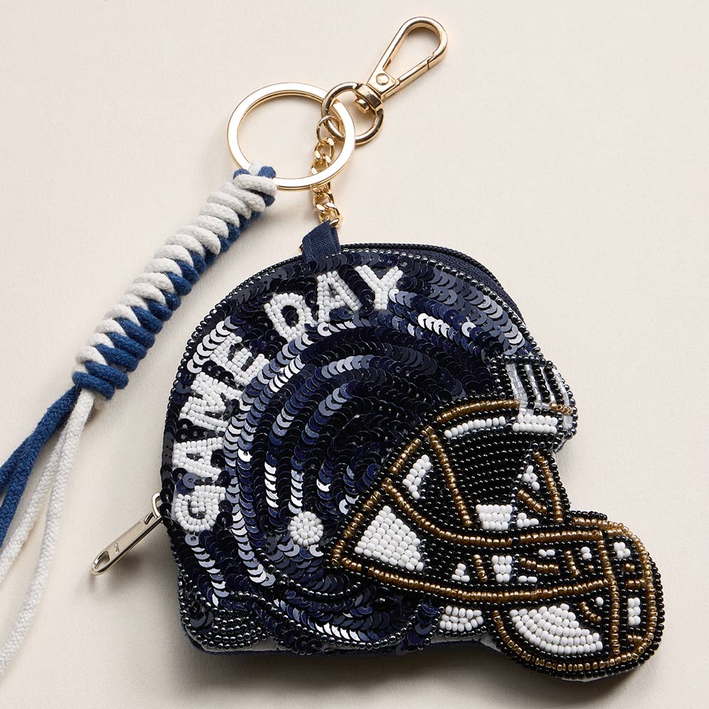 Madeline Love Navy, White PENN STATE GAME DAY Football Helmet Sequin Seed Beaded Knot Keychain Mini Pouch Bag - Bags & Wallets - desc