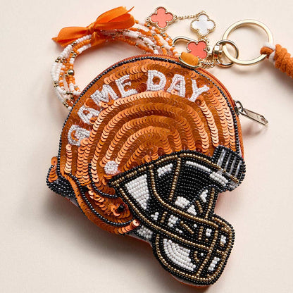 Madeline Love Orange, White TEXANS GAME DAY Football Helmet Sequin Seed Beaded Knot Keychain Mini Pouch Bag - Bags & Wallets