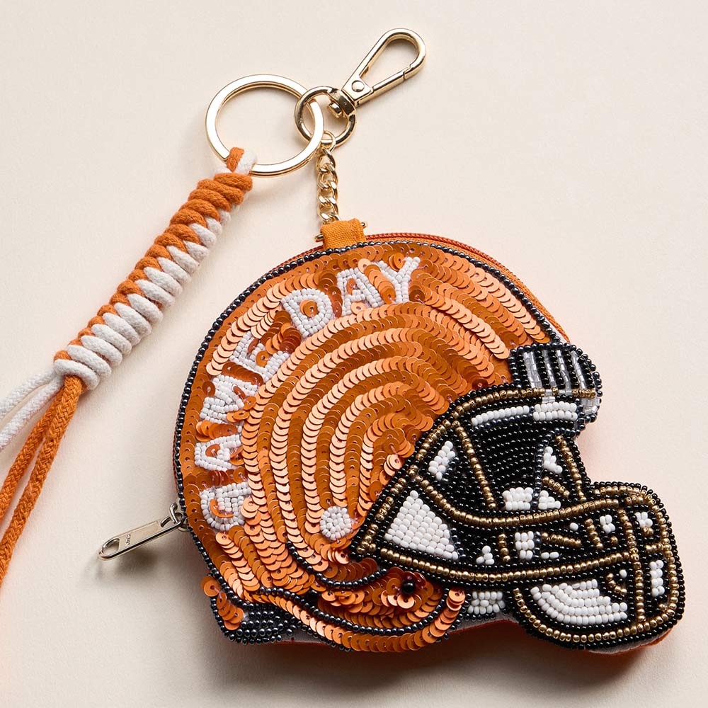 Madeline Love Orange, White TEXANS GAME DAY Football Helmet Sequin Seed Beaded Knot Keychain Mini Pouch Bag - Bags & Wallets - desc