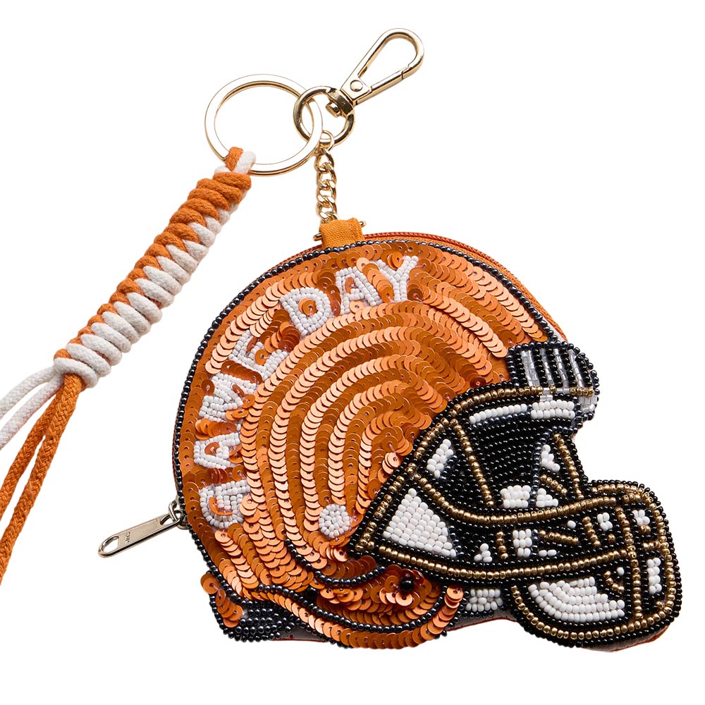 Madeline Love Orange, White TEXANS GAME DAY Football Helmet Sequin Seed Beaded Knot Keychain Mini Pouch Bag - Bags & Wallets - extra