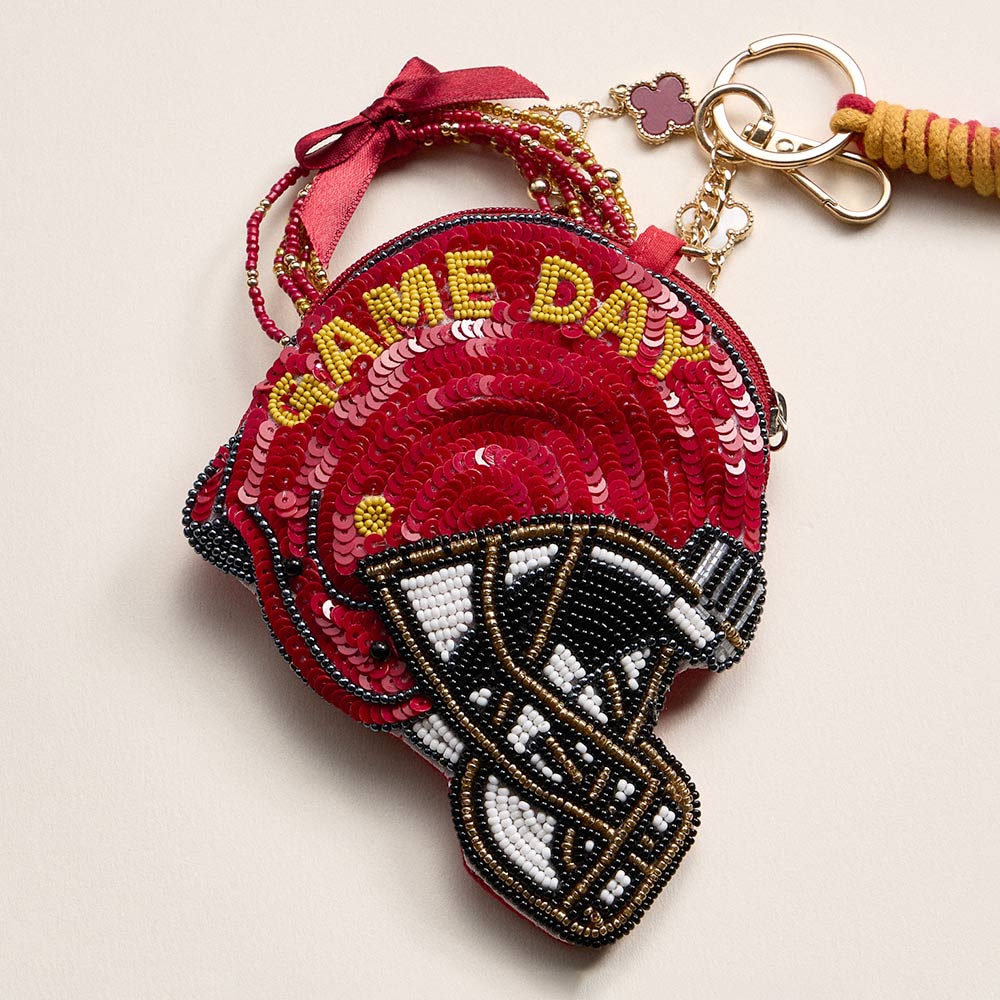 Madeline Love Red, Yellow USC GAME DAY Football Helmet Sequin Seed Beaded Knot Keychain Mini Pouch Bag - Bags & Wallets