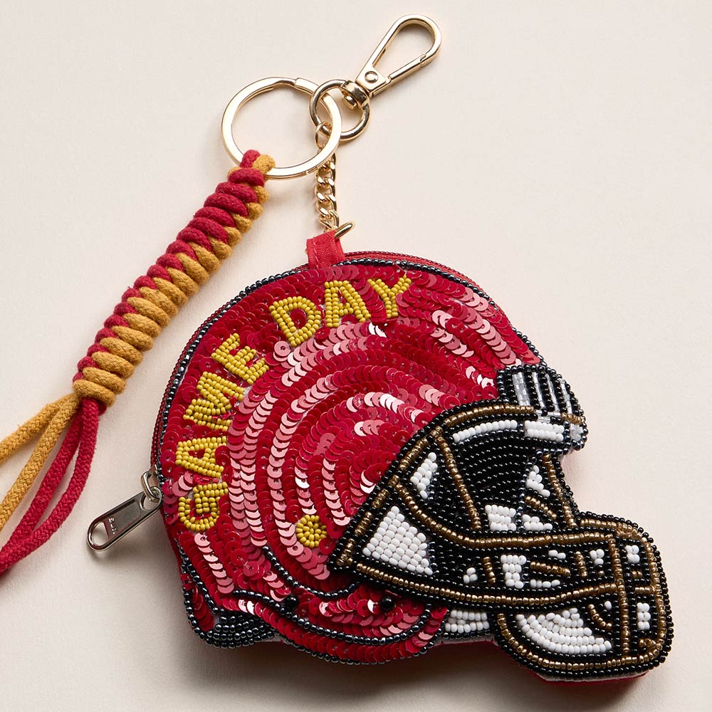 Madeline Love Red, Yellow USC GAME DAY Football Helmet Sequin Seed Beaded Knot Keychain Mini Pouch Bag - Bags & Wallets - desc