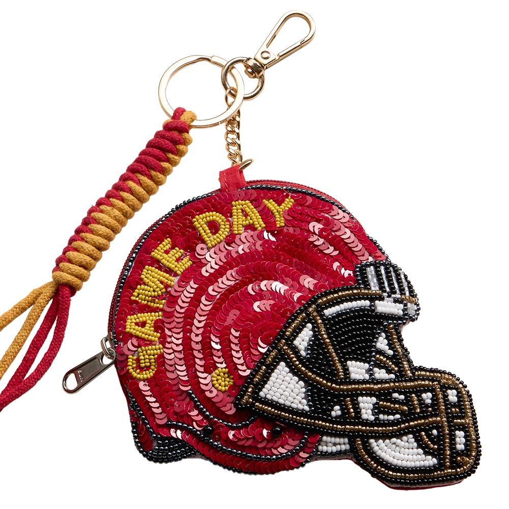 Madeline Love Red, Yellow USC GAME DAY Football Helmet Sequin Seed Beaded Knot Keychain Mini Pouch Bag - Bags & Wallets - extra