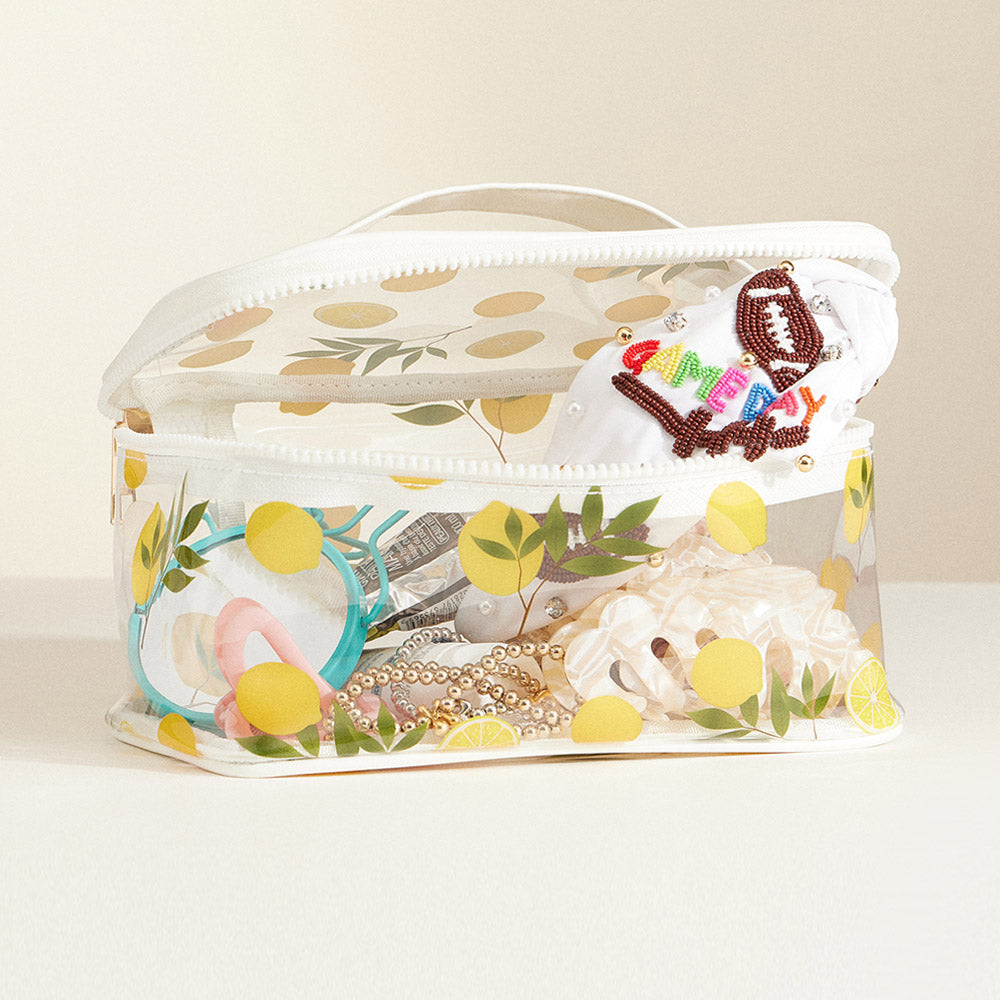 Madeline Love Clear, Orange, Yellow Top Handle Lemon Pattern Transparent Cosmetic Pouch Bag - Beauty & Cosmetics