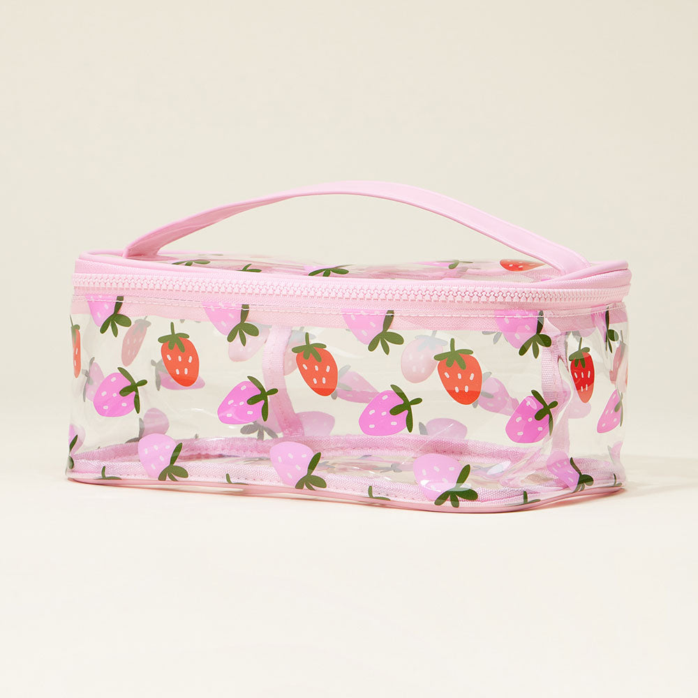 Madeline Love Clear, Pink Top Handle Strawberry Pattern Transparent Cosmetic Pouch Bag - Beauty & Cosmetics