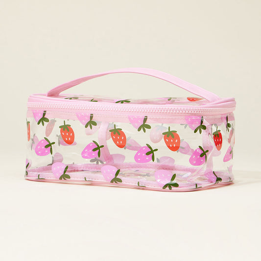 Madeline Love Clear, Pink Top Handle Strawberry Pattern Transparent Cosmetic Pouch Bag - Beauty & Cosmetics