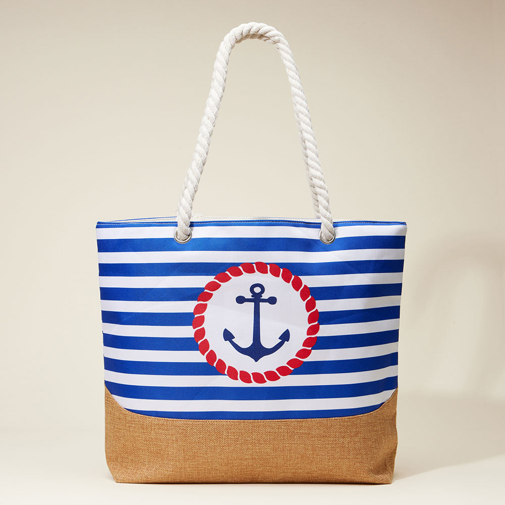 Blue Anchor Printed Striped Rope Handle Beach Tote Bag