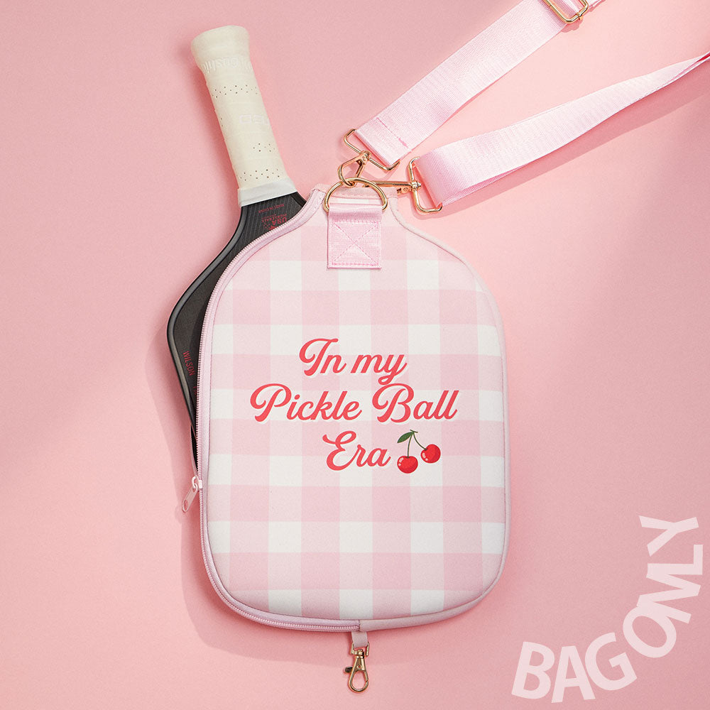 Pink In My Pickleball Era Message Neoprene Cherry Checker Pattern Pickleball Paddle Case Bag