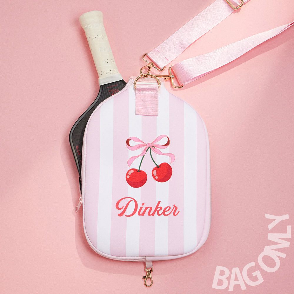 Madeline Love Pink Cherry On Pink Stripe Neoprene Pickleball Paddle Case Bag - Bags & Wallets