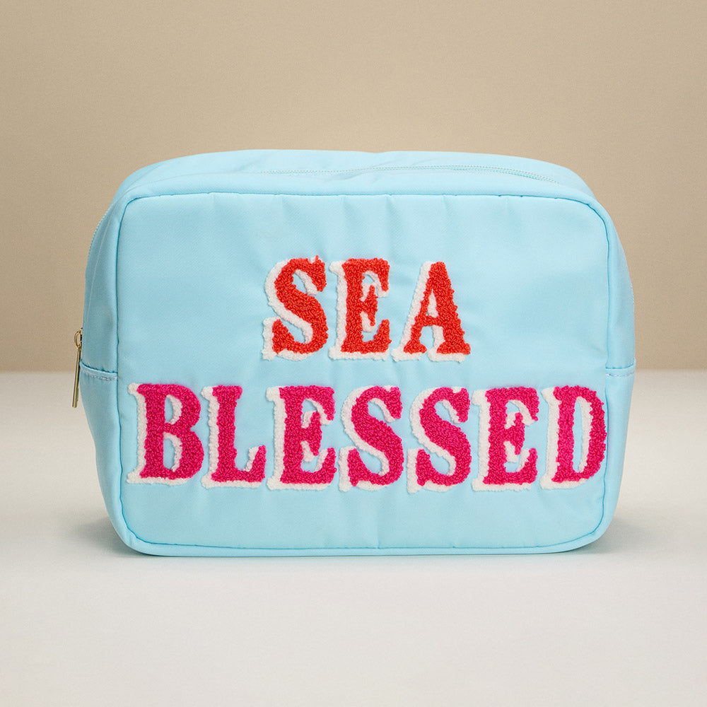 Madeline Love Light Blue SEA BLESSED Message Patch Embroidered Pouch Bag / Organizer - Beauty & Cosmetics