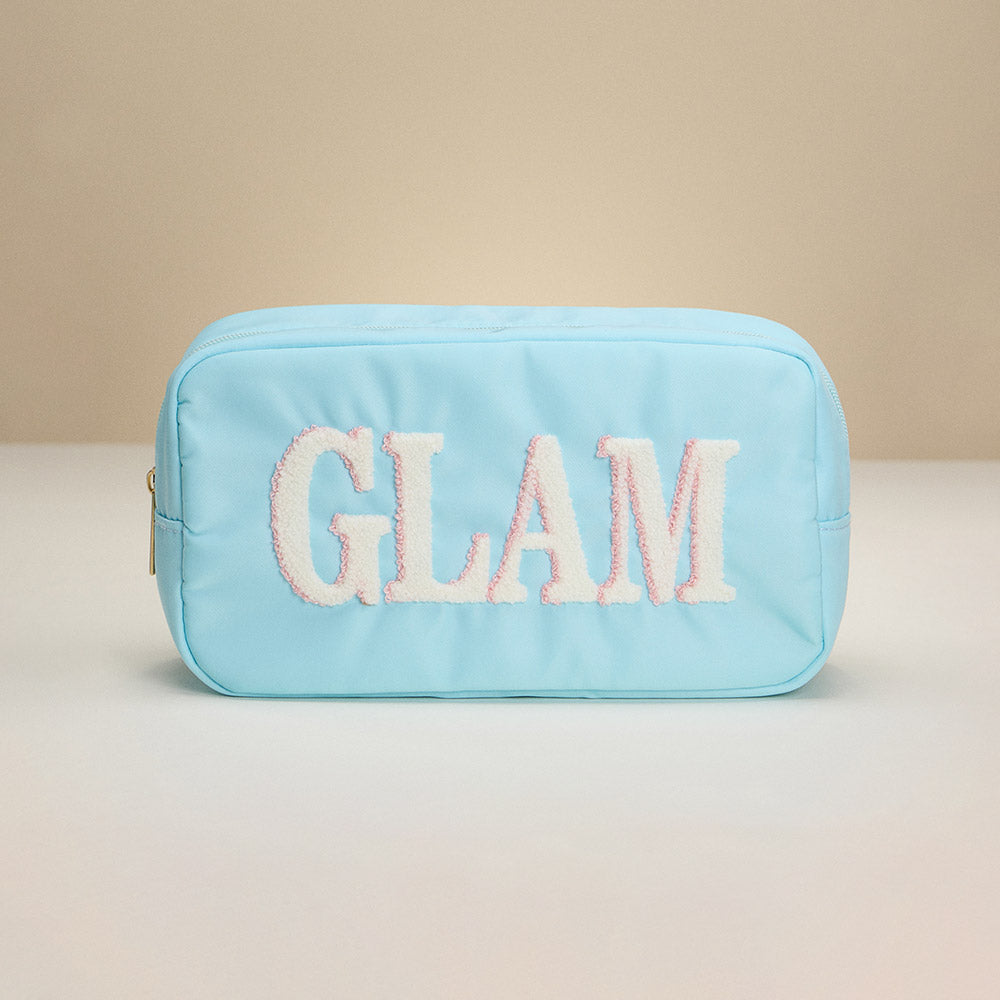 Madeline Love Light Blue GLAM Message Patch Embroidered Pouch Bag / Organizer - Beauty & Cosmetics