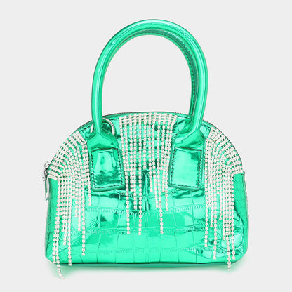 Madeline Love Green Rhinestone Embellished Metallic Tote / Crossbody Bag - Bags & Wallets