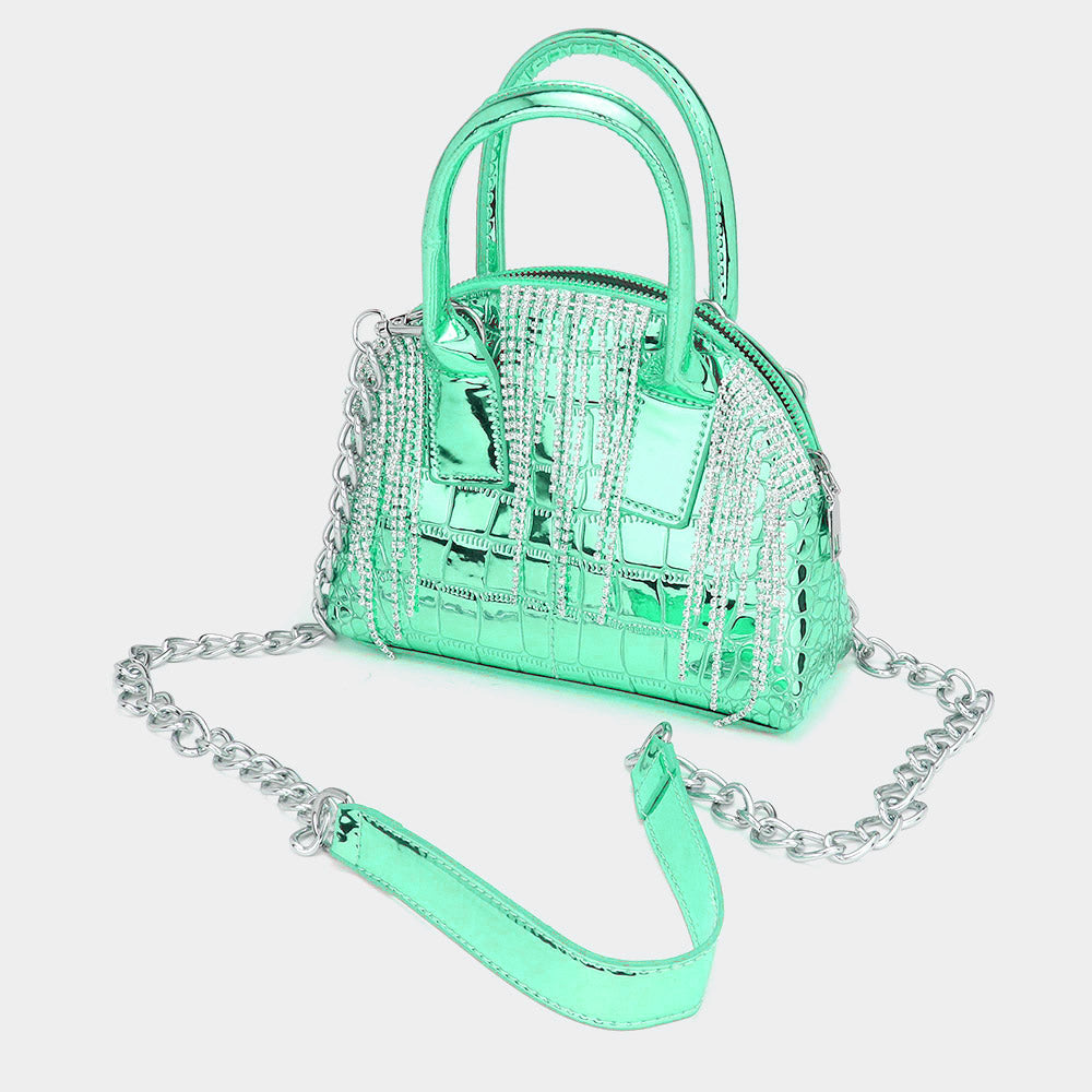 Madeline Love Green Rhinestone Embellished Metallic Tote / Crossbody Bag - Bags & Wallets - desc