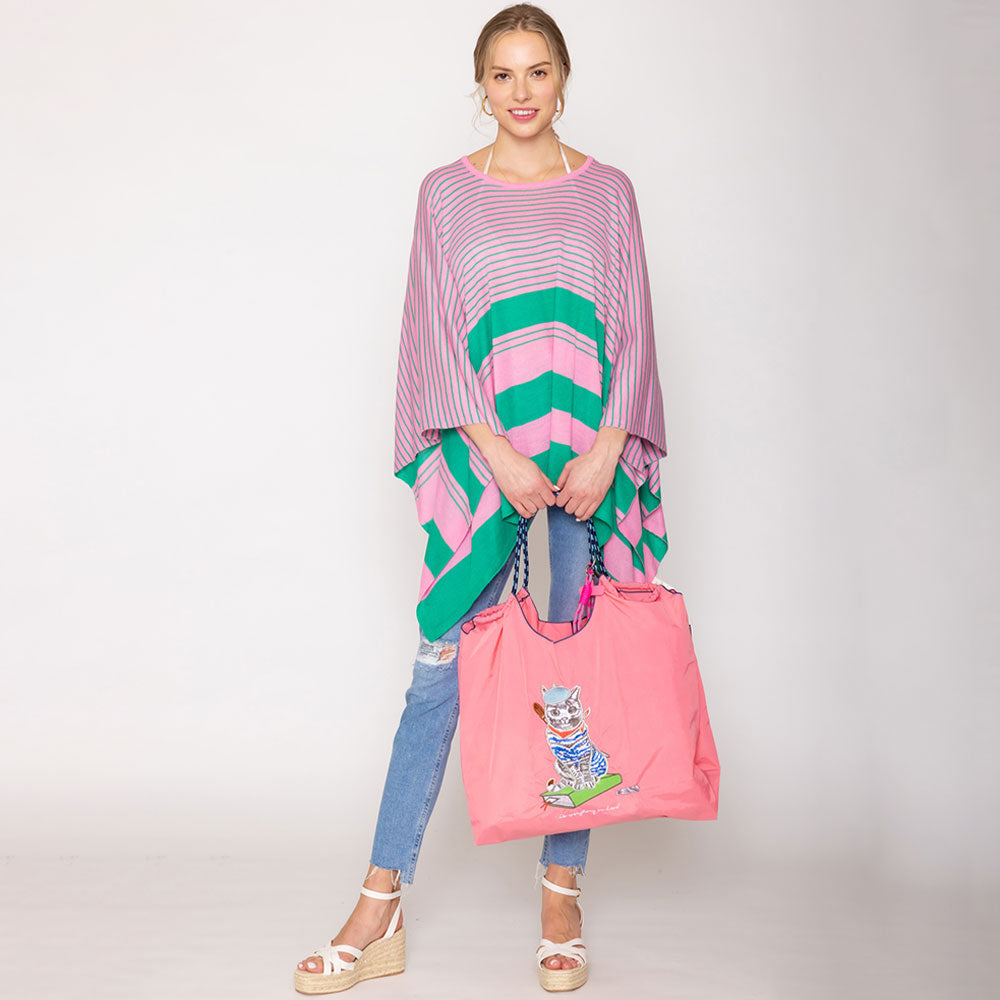 Madeline Love Pink Embroidered Cat Rope Nylon Tote Bag - Bags & Wallets - desc