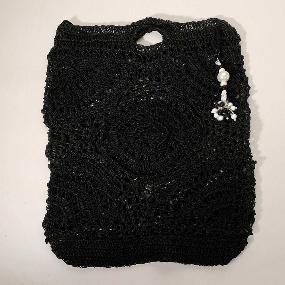 Madeline Love Black Crochet Pearl Bead Cluster Charm Tote Bags - Bags & Wallets