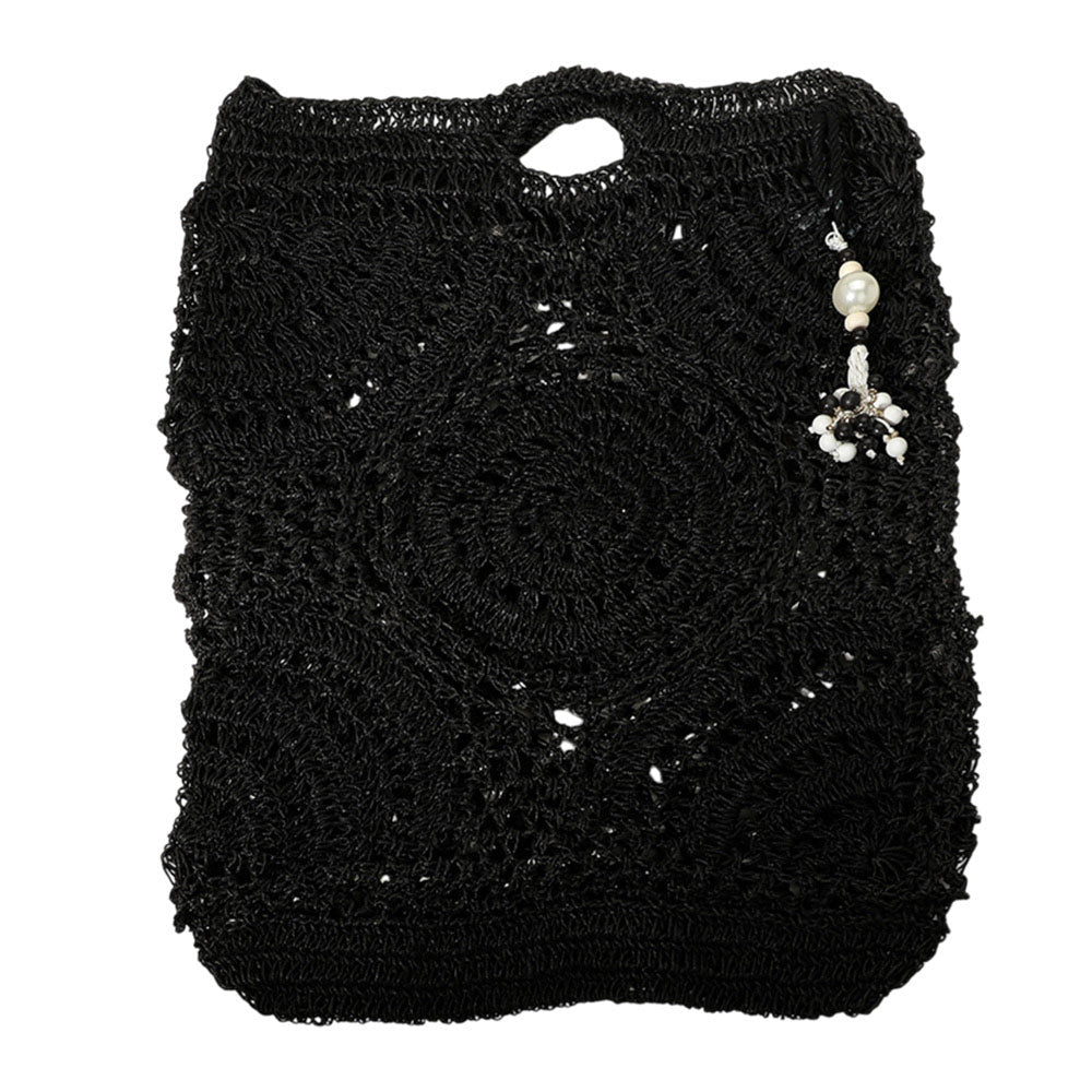 Madeline Love Black Crochet Pearl Bead Cluster Charm Tote Bags - Bags & Wallets - desc