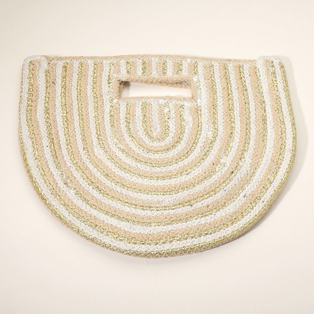 Madeline Love Beige, Gold Round Stripped Knitted Woven Tote Bag - Bags & Wallets