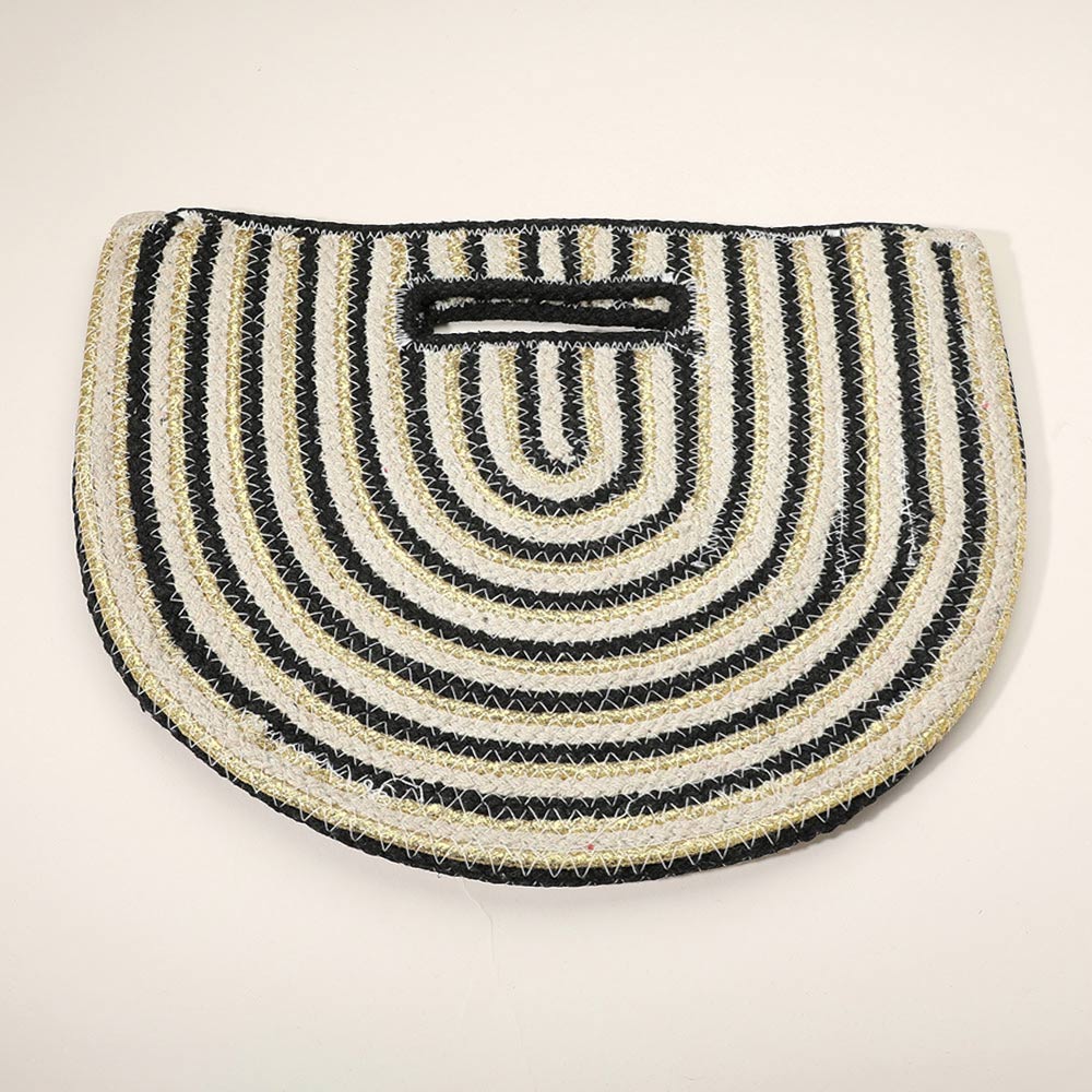 Madeline Love Black, Gold Round Stripped Knitted Woven Tote Bag - Bags & Wallets