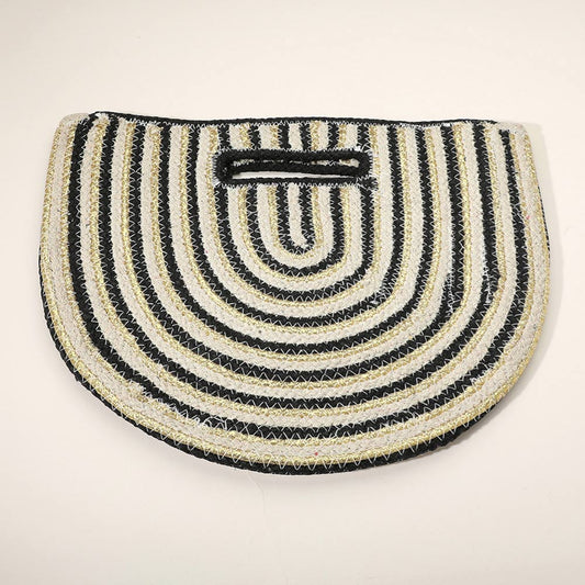 Madeline Love Black, Gold Round Stripped Knitted Woven Tote Bag - Bags & Wallets
