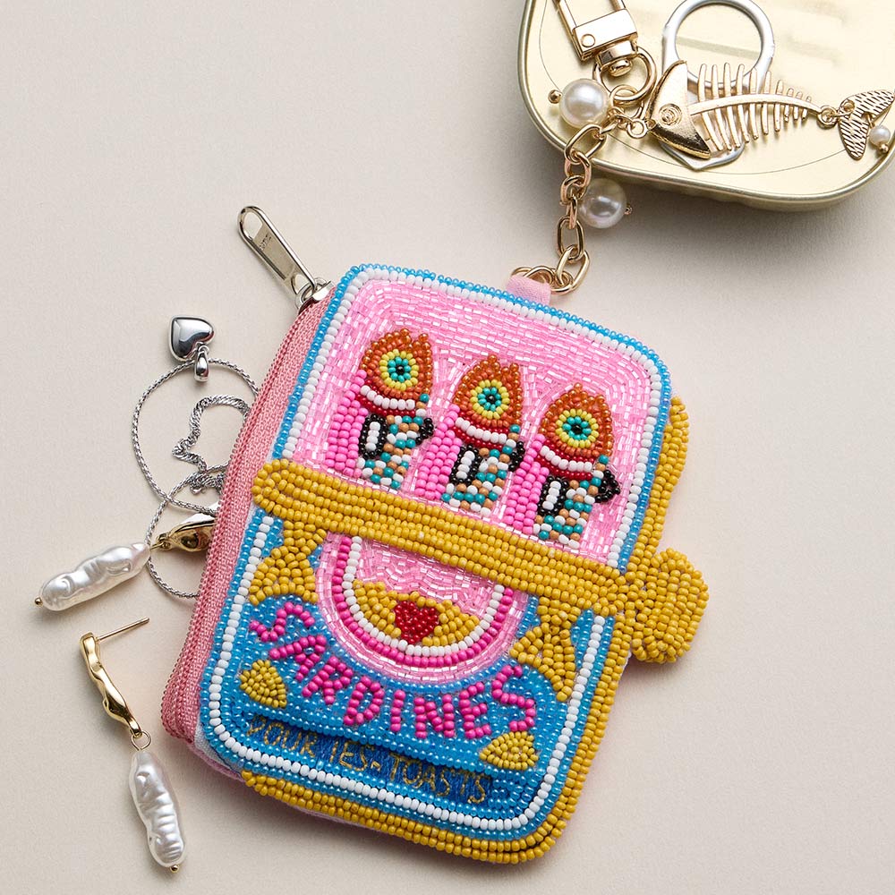 Madeline Love Pink Fishbone Pearl Charm Keychain Sardine Can Seed Beaded Mini Pouch Bag - Bags & Wallets