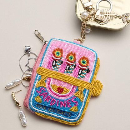 Madeline Love Pink Fishbone Pearl Charm Keychain Sardine Can Seed Beaded Mini Pouch Bag - Bags & Wallets