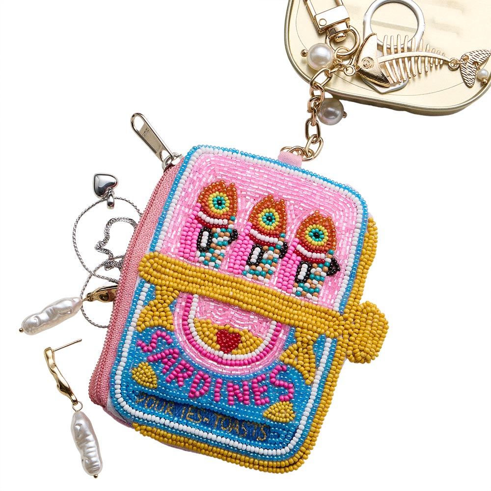 Madeline Love Pink Fishbone Pearl Charm Keychain Sardine Can Seed Beaded Mini Pouch Bag - Bags & Wallets - desc