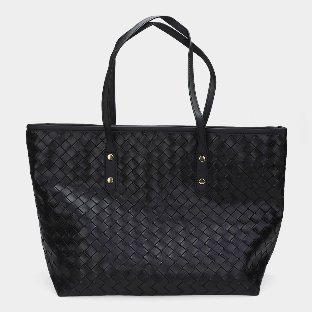 Madeline Love Black Faux Leather Weave Tote Bag - Bags & Wallets