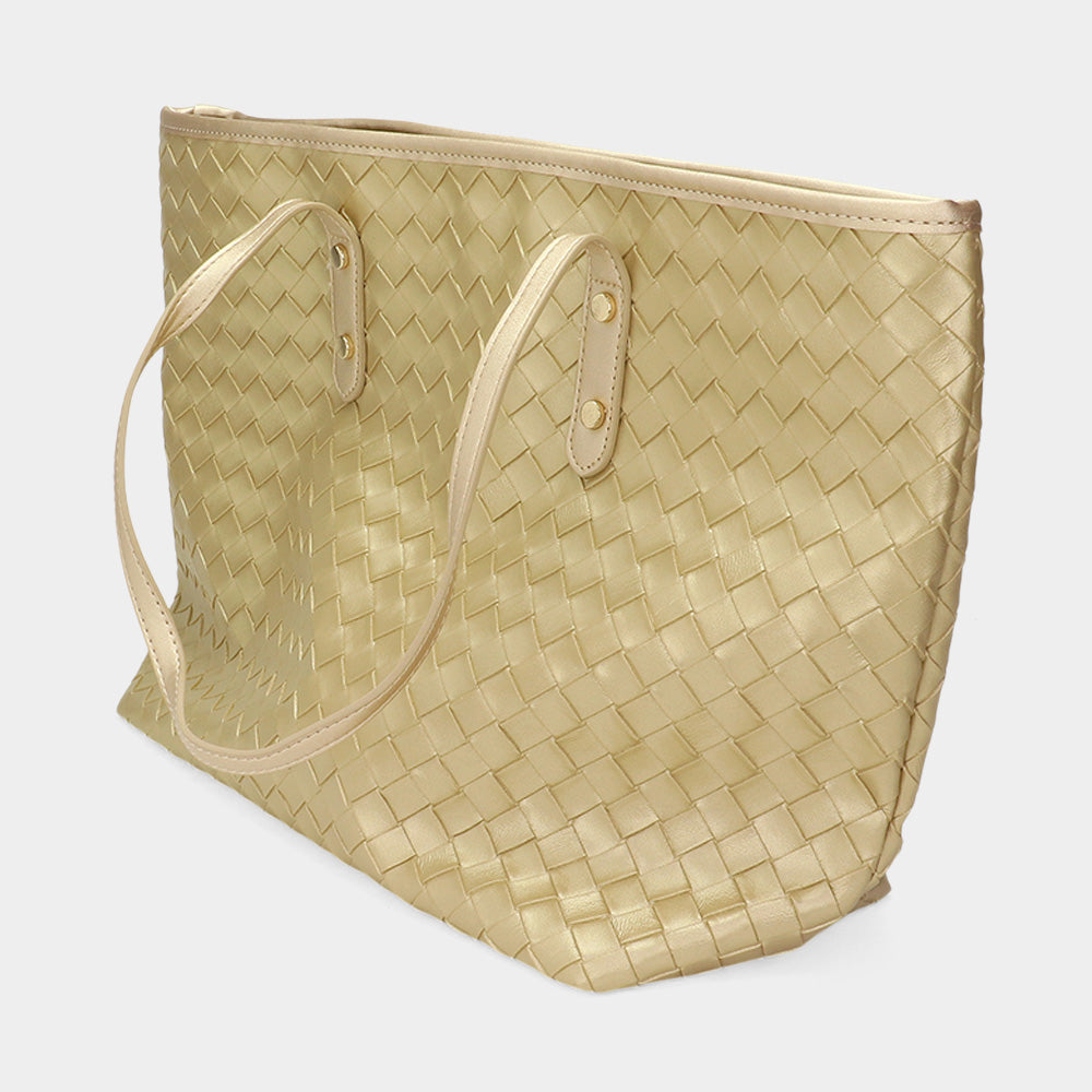 Madeline Love Black Faux Leather Weave Tote Bag - Bags & Wallets - desc