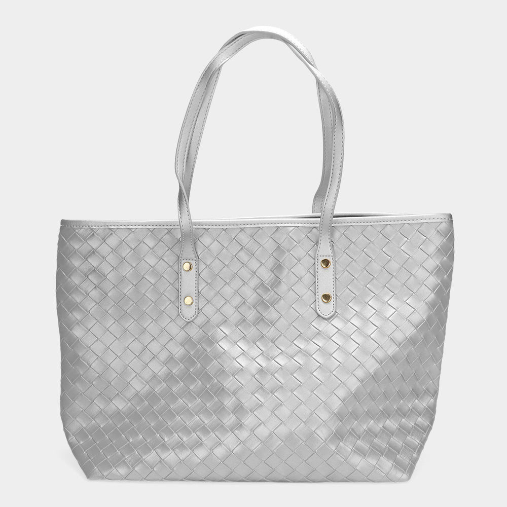 Madeline Love Silver Faux Leather Weave Tote Bag - Bags & Wallets