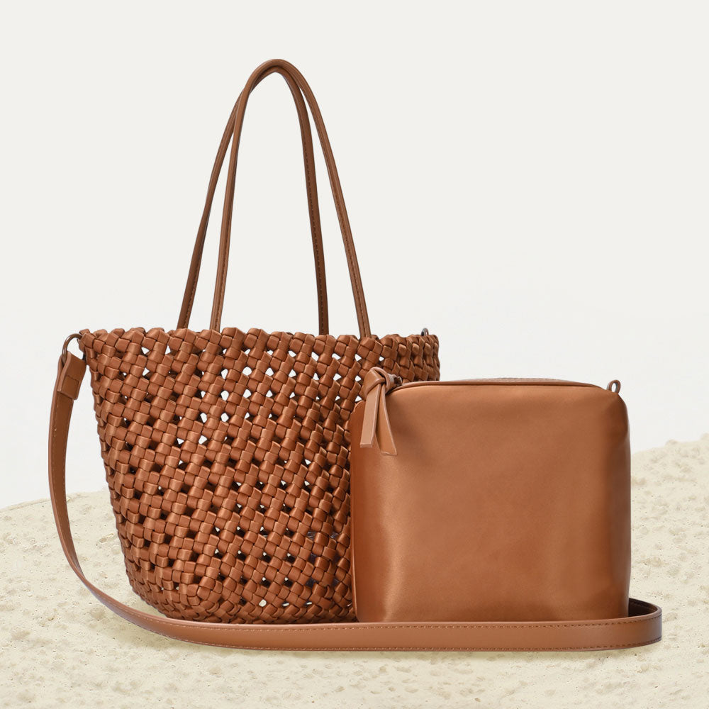 Madeline Love Camel 2 in 1 Hand Woven Tote Bag / Crossbody Bag - Bags & Wallets