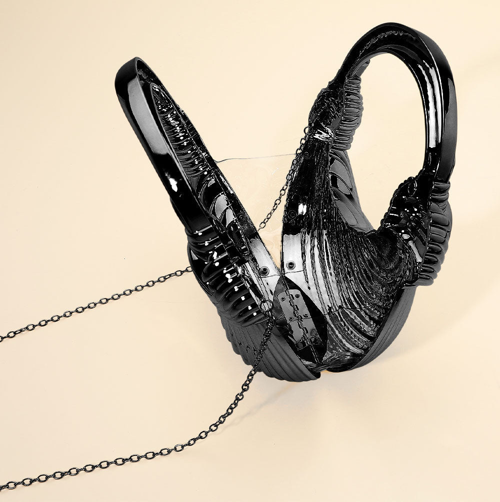 Madeline Love Black Hard Shell Metallic Sculpted Loop Top Handle Handbag - Bags & Wallets - extra
