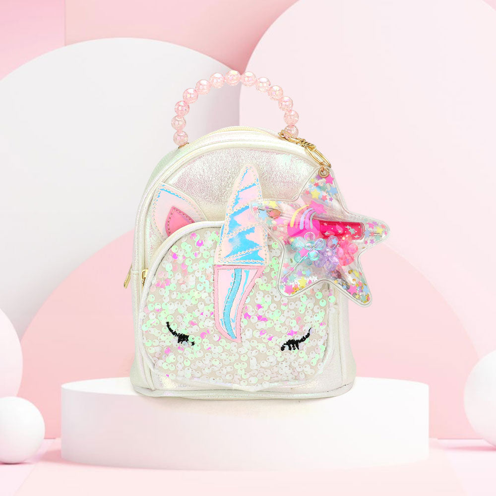 Madeline Love White HOT FOCUS -Unicorn Pointed Sequin Embellished Tiny Mini Backpack with Star Keychain Pouch - Bags & Wallets