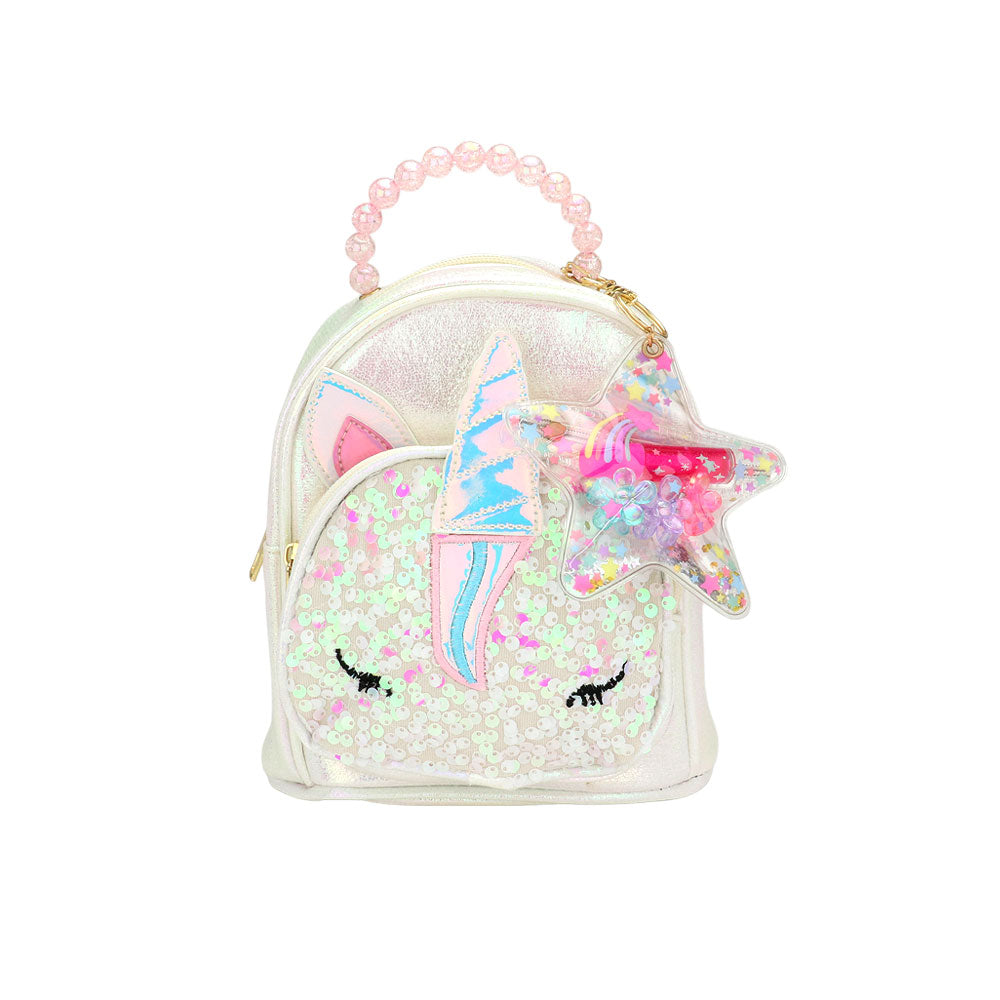 Madeline Love White HOT FOCUS -Unicorn Pointed Sequin Embellished Tiny Mini Backpack with Star Keychain Pouch - Bags & Wallets - desc