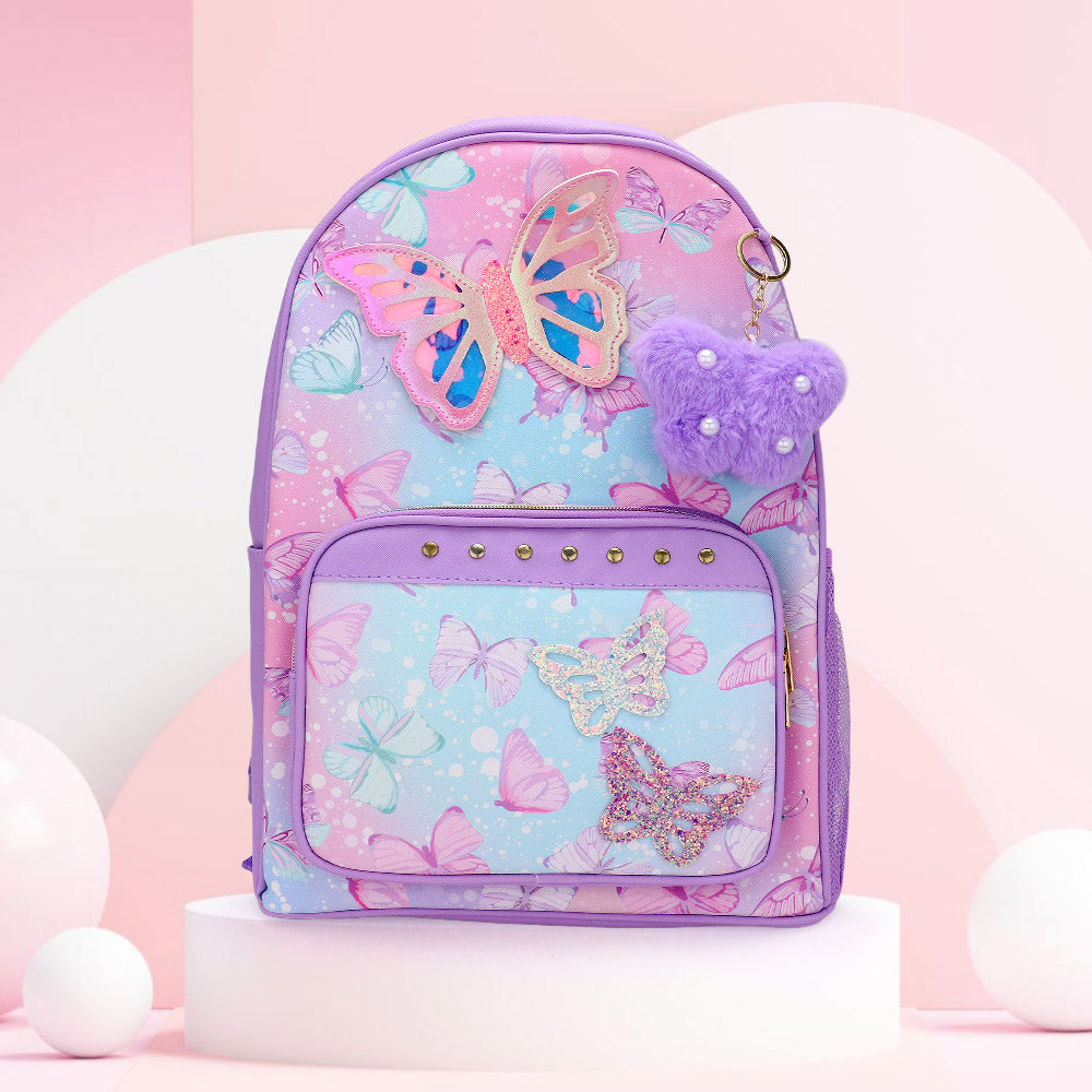 Madeline Love Purple HOT FOCUS - Butterfly Patch Decorative Deluxe Backpack with a Pom Pom Keychain - Bags & Wallets