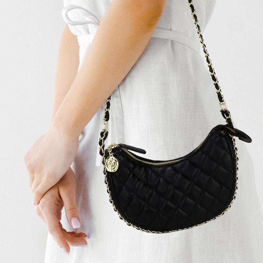 Madeline Love Black Faux Leather Quilted Chain Strap Crossbody Bag - Bags & Wallets - desc