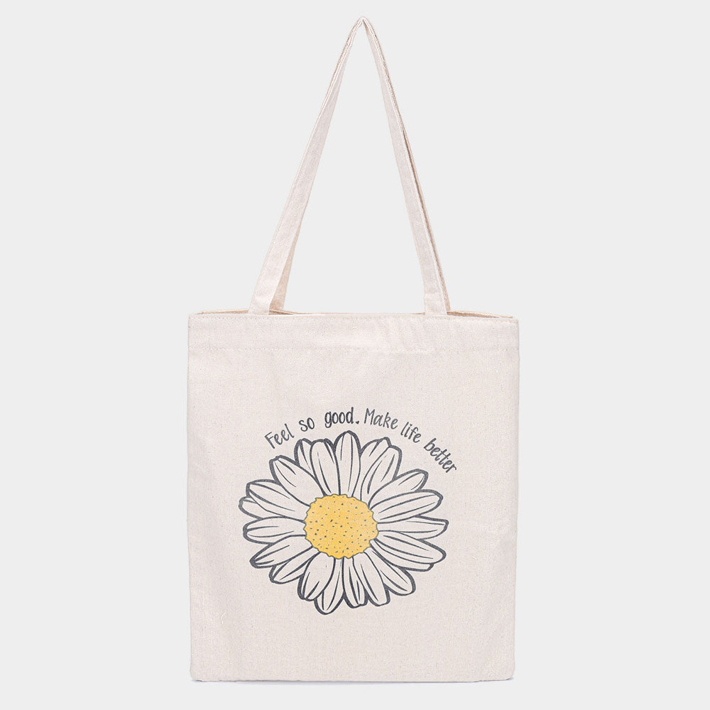 Madeline Love Neutral Feel so good Make life better Daisy Flower Print Canvas Eco Bag - Bags & Wallets