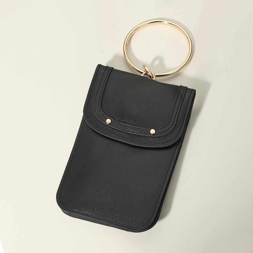 Madeline Love Black, Gold Metal Ring Handle Faux Leather Mini Phone Pouch Clutch Bag / Crossbody Bag - Bags & Wallets
