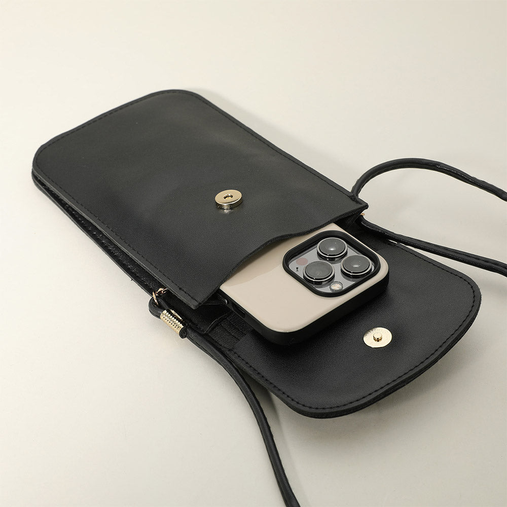 Madeline Love Black, Gold Metal Ring Handle Faux Leather Mini Phone Pouch Clutch Bag / Crossbody Bag - Bags & Wallets - extra