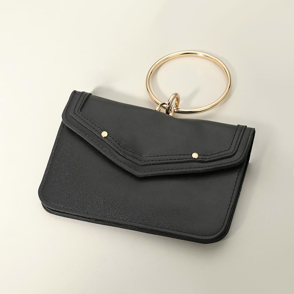 Madeline Love Black Metal Ring Handle Faux Leather Mini Envelope Clutch Bag / Crossbody Bag - Bags & Wallets
