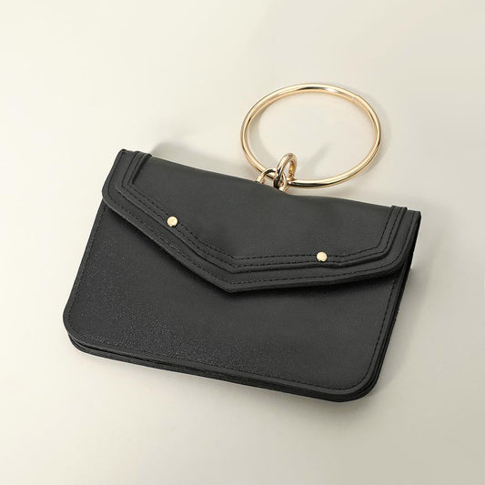 Madeline Love Black Metal Ring Handle Faux Leather Mini Envelope Clutch Bag / Crossbody Bag - Bags & Wallets
