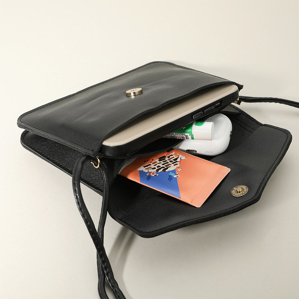 Madeline Love Black Metal Ring Handle Faux Leather Mini Envelope Clutch Bag / Crossbody Bag - Bags & Wallets - extra