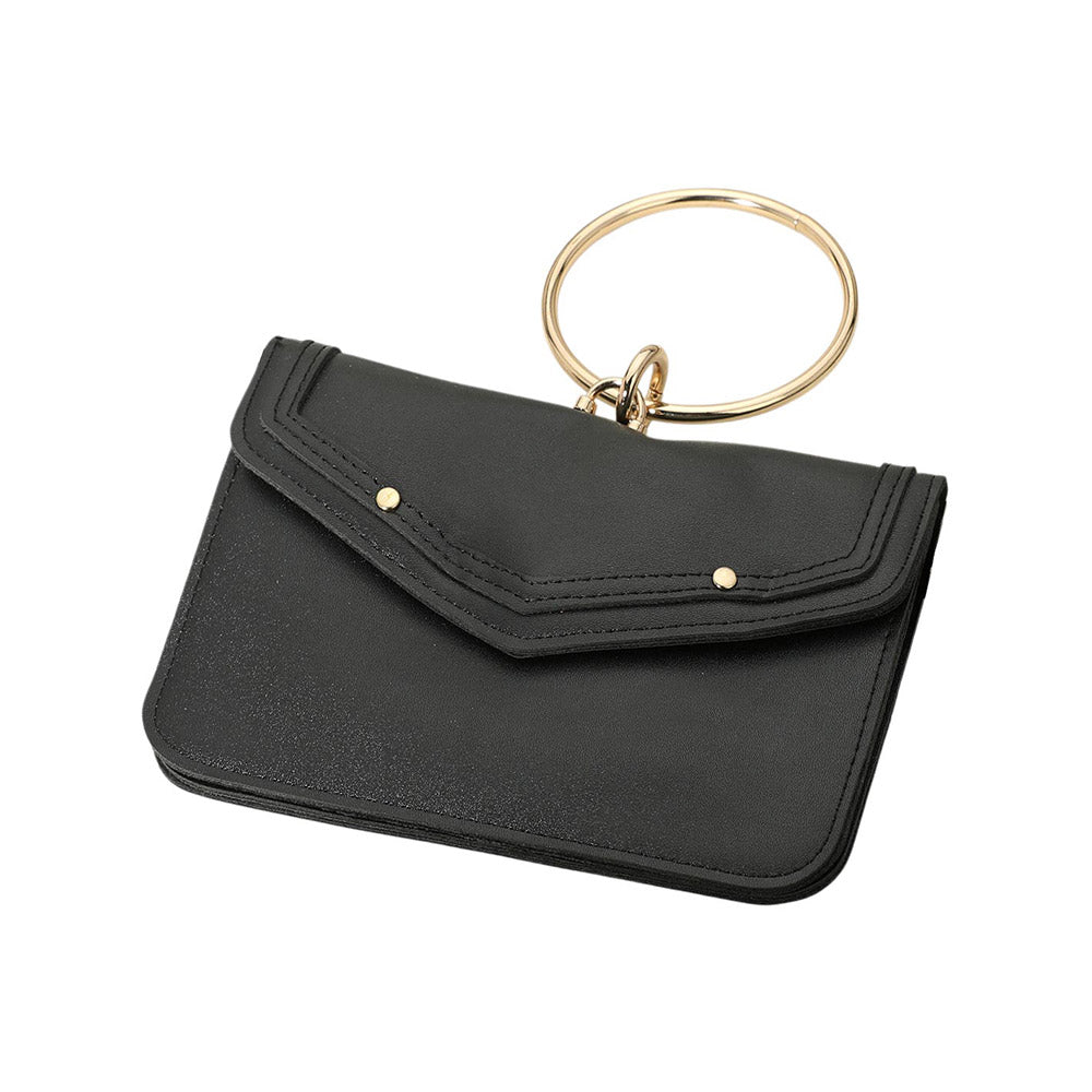 Madeline Love Black Metal Ring Handle Faux Leather Mini Envelope Clutch Bag / Crossbody Bag - Bags & Wallets - extra