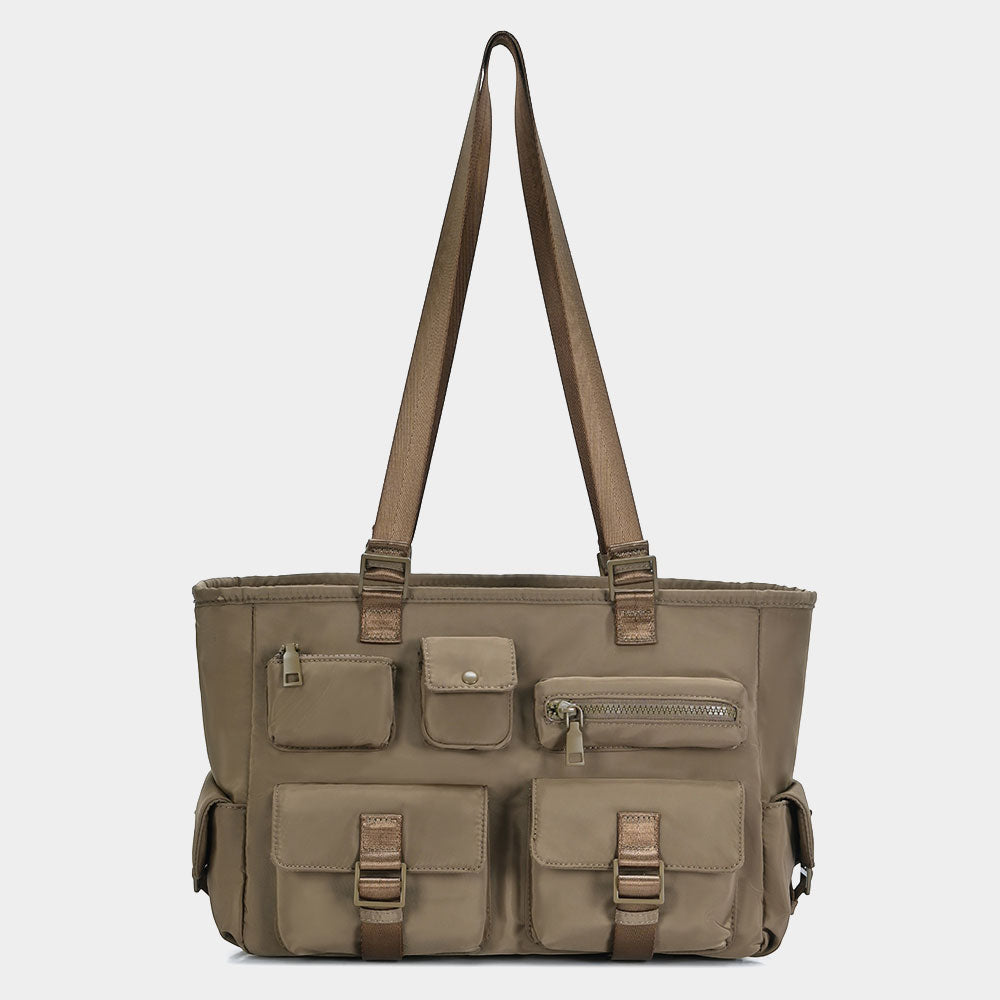 Madeline Love Taupe Multi Pocket Utility Shoulder Tote Bag - Bags & Wallets