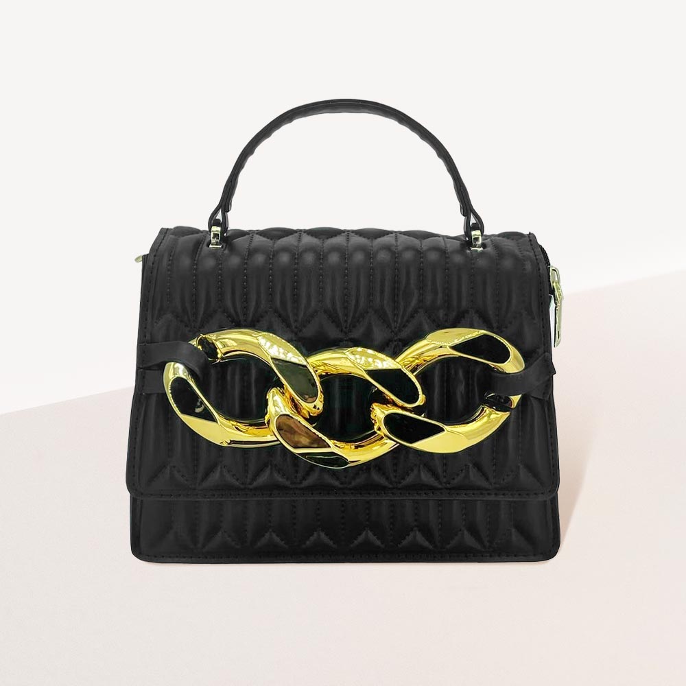 Madeline Love Black Chunky Metal Trim Accented Faux Leather Top Handle Crossbody Bag - Bags & Wallets