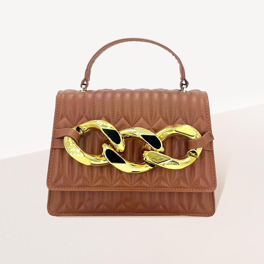 Madeline Love Brown Chunky Metal Trim Accented Faux Leather Top Handle Crossbody Bag - Bags & Wallets